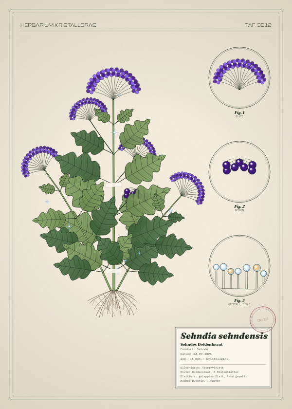 Botanische Tafel: Sehndia sehndensis, eine erfundene Pflanze aus Sehnde, gezeichnet wie in einem alten Pflanzenatlas