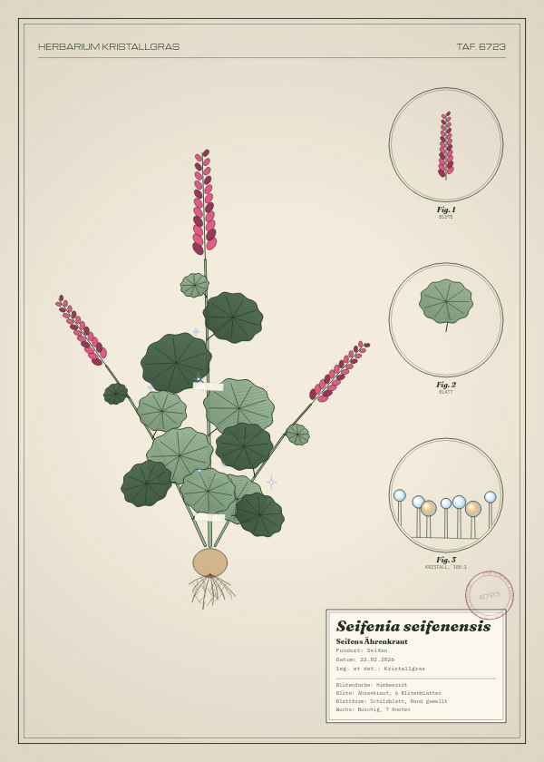 Botanische Tafel: Seifenia seifenensis, eine erfundene Pflanze aus Seifen, gezeichnet wie in einem alten Pflanzenatlas