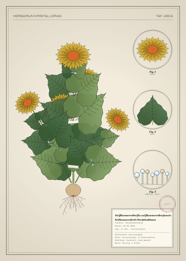 Botanische Tafel: Seifhennersdorfia seifhennersdorfensis, eine erfundene Pflanze aus Seifhennersdorf, gezeichnet wie in einem alten Pflanzenatlas