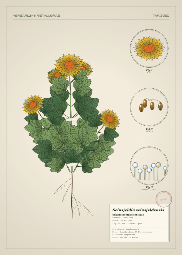 Botanische Tafel: Seinsfeldia seinsfeldensis, eine erfundene Pflanze aus Seinsfeld, gezeichnet wie in einem alten Pflanzenatlas