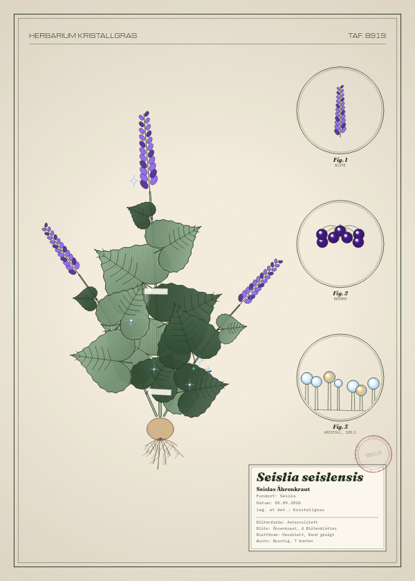 Botanische Tafel: Seislia seislensis, eine erfundene Pflanze aus Seisla, gezeichnet wie in einem alten Pflanzenatlas