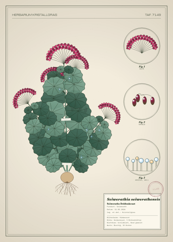 Botanische Tafel: Seiwerathia seiwerathensis, eine erfundene Pflanze aus Seiwerath, gezeichnet wie in einem alten Pflanzenatlas