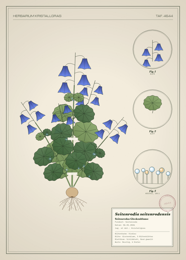 Botanische Tafel: Seitenrodia seitenrodensis, eine erfundene Pflanze aus Seitenroda, gezeichnet wie in einem alten Pflanzenatlas
