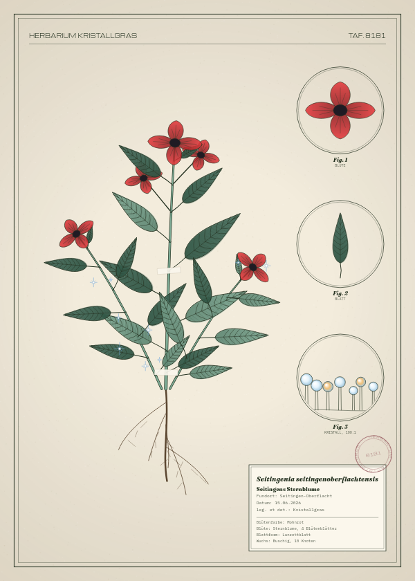Botanische Tafel: Seitingenia seitingenoberflachtensis, eine erfundene Pflanze aus Seitingen-Oberflacht, gezeichnet wie in einem alten Pflanzenatlas