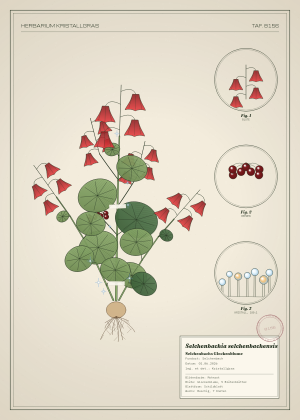 Botanische Tafel: Selchenbachia selchenbachensis, eine erfundene Pflanze aus Selchenbach, gezeichnet wie in einem alten Pflanzenatlas