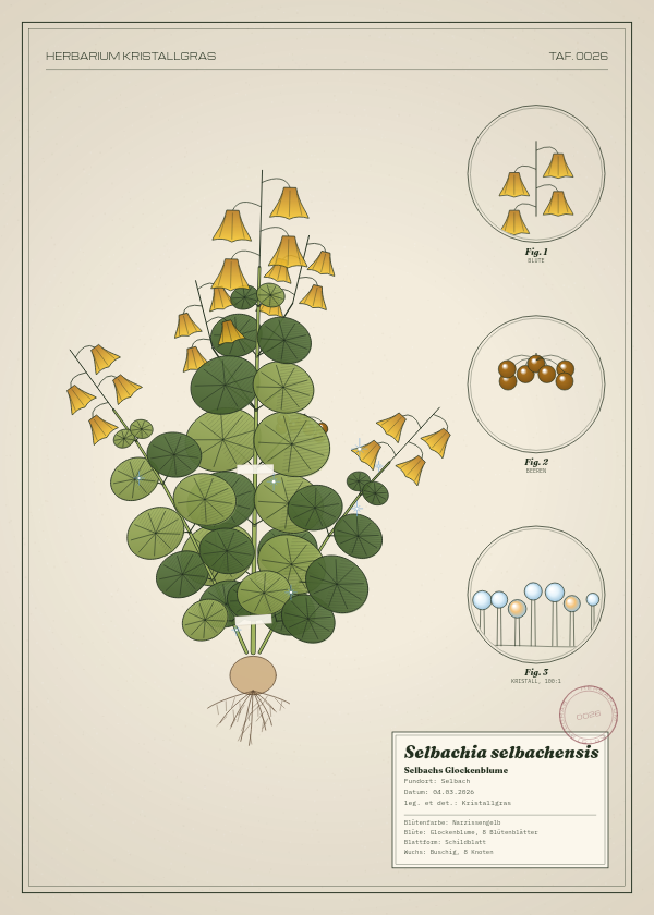 Botanische Tafel: Selbachia selbachensis, eine erfundene Pflanze aus Selbach, gezeichnet wie in einem alten Pflanzenatlas