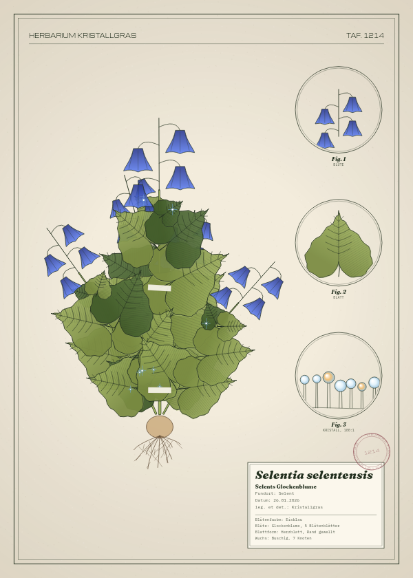 Botanische Tafel: Selentia selentensis, eine erfundene Pflanze aus Selent, gezeichnet wie in einem alten Pflanzenatlas