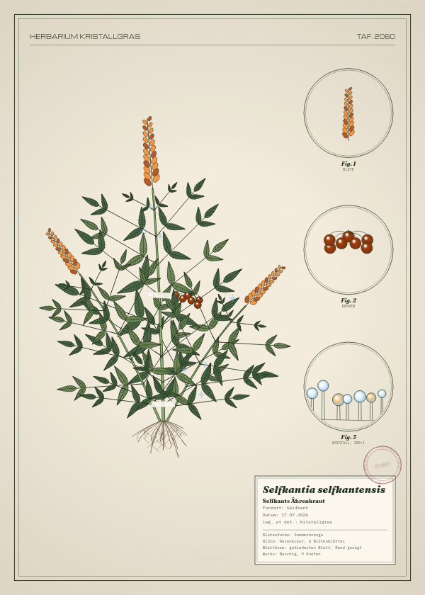 Botanische Tafel: Selfkantia selfkantensis, eine erfundene Pflanze aus Selfkant, gezeichnet wie in einem alten Pflanzenatlas