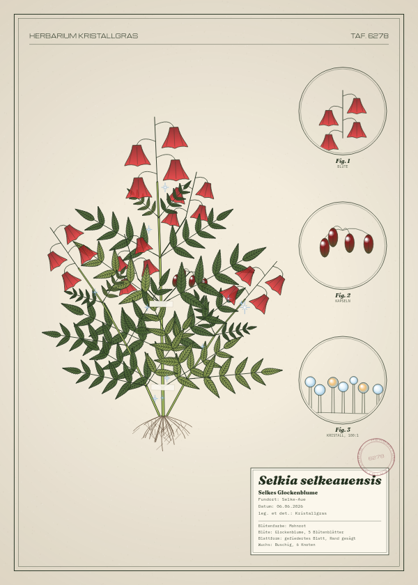 Botanische Tafel: Selkia selkeauensis, eine erfundene Pflanze aus Selke-Aue, gezeichnet wie in einem alten Pflanzenatlas