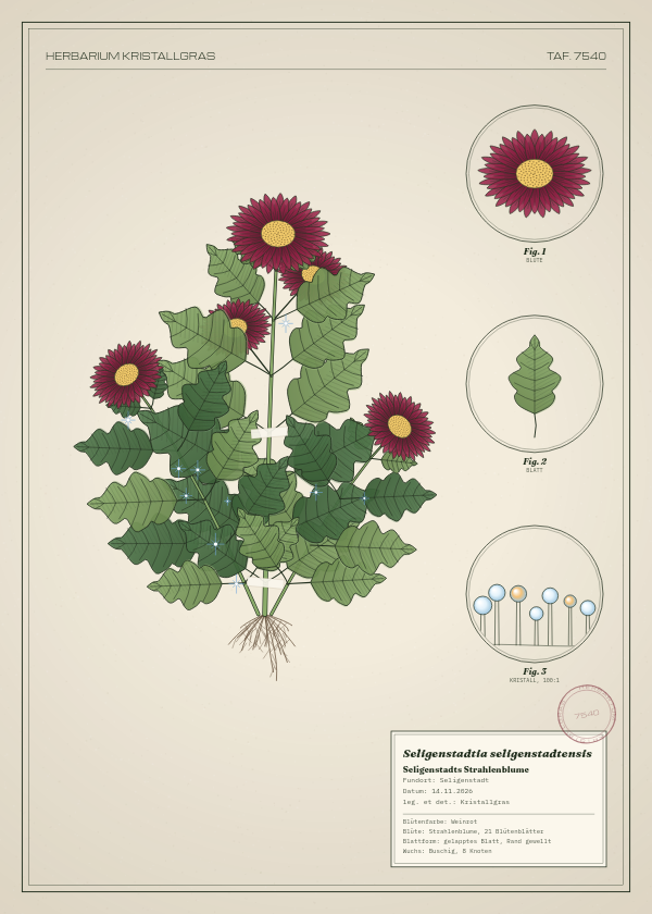Botanische Tafel: Seligenstadtia seligenstadtensis, eine erfundene Pflanze aus Seligenstadt, gezeichnet wie in einem alten Pflanzenatlas