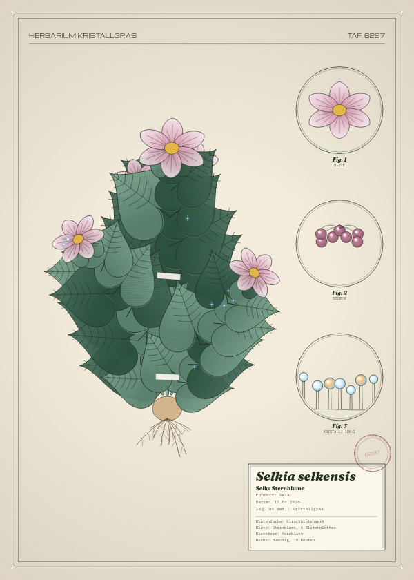 Botanische Tafel: Selkia selkensis, eine erfundene Pflanze aus Selk, gezeichnet wie in einem alten Pflanzenatlas