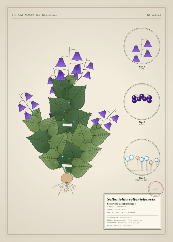 Botanische Tafel: Sellerichia sellerichensis, eine erfundene Pflanze aus Sellerich, gezeichnet wie in einem alten Pflanzenatlas