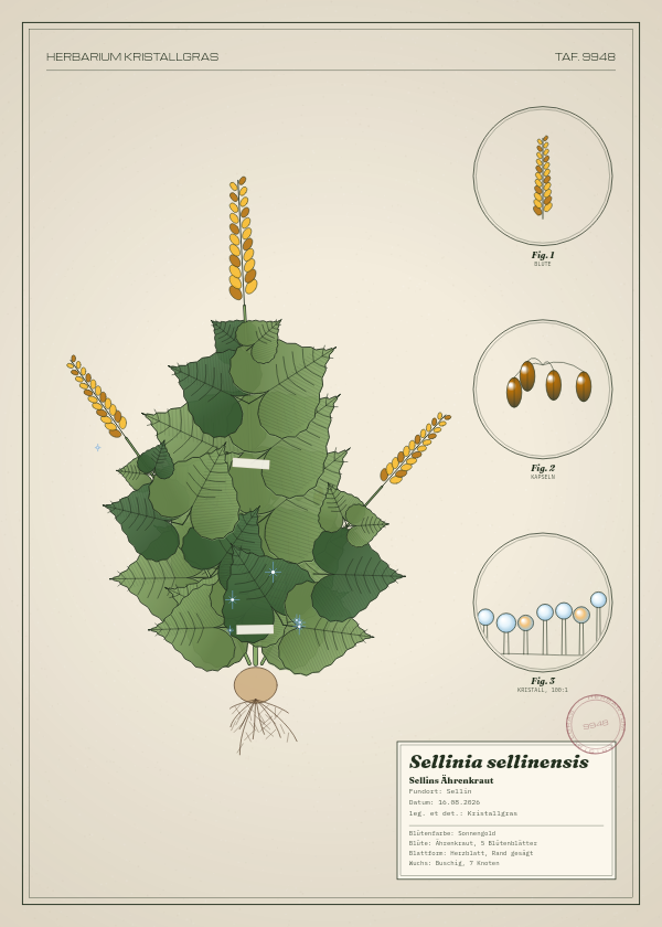 Botanische Tafel: Sellinia sellinensis, eine erfundene Pflanze aus Sellin, gezeichnet wie in einem alten Pflanzenatlas