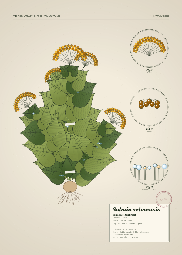 Botanische Tafel: Selmia selmensis, eine erfundene Pflanze aus Selm, gezeichnet wie in einem alten Pflanzenatlas