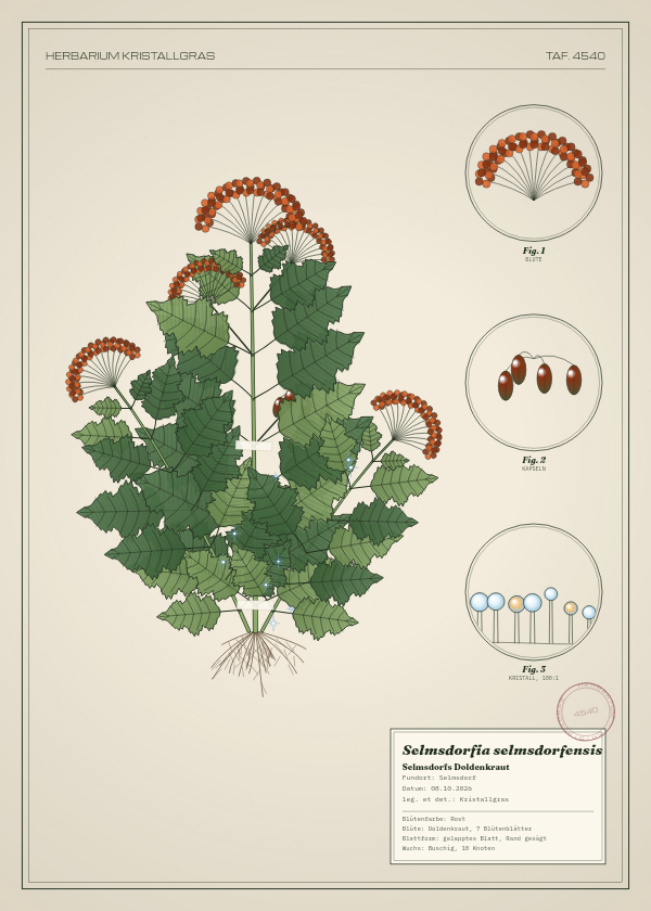 Botanische Tafel: Selmsdorfia selmsdorfensis, eine erfundene Pflanze aus Selmsdorf, gezeichnet wie in einem alten Pflanzenatlas