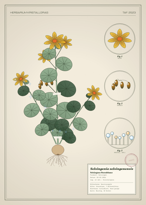 Botanische Tafel: Selsingenia selsingenensis, eine erfundene Pflanze aus Selsingen, gezeichnet wie in einem alten Pflanzenatlas