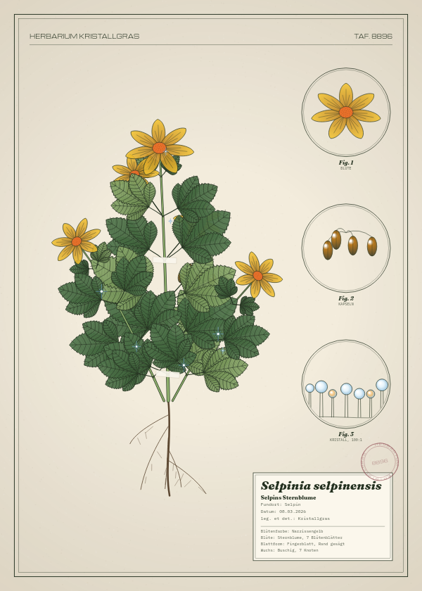 Botanische Tafel: Selpinia selpinensis, eine erfundene Pflanze aus Selpin, gezeichnet wie in einem alten Pflanzenatlas