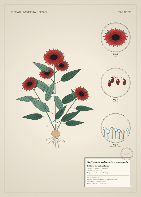 Botanische Tafel: Seltersia selterstaunusensis, eine erfundene Pflanze aus Selters (Taunus), gezeichnet wie in einem alten Pflanzenatlas