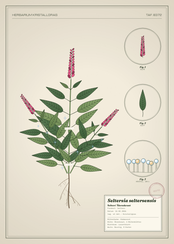 Botanische Tafel: Seltersia seltersensis, eine erfundene Pflanze aus Selters, gezeichnet wie in einem alten Pflanzenatlas
