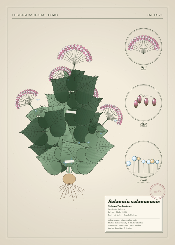 Botanische Tafel: Selzenia selzenensis, eine erfundene Pflanze aus Selzen, gezeichnet wie in einem alten Pflanzenatlas