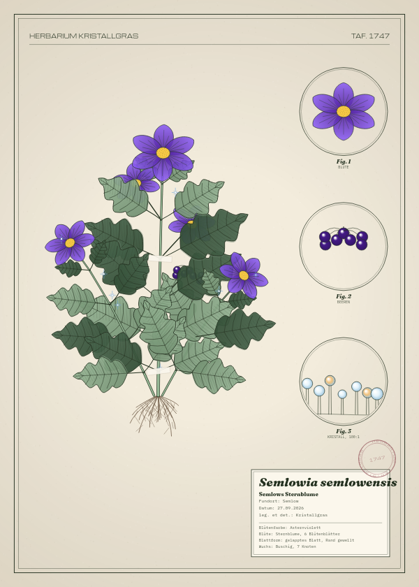 Botanische Tafel: Semlowia semlowensis, eine erfundene Pflanze aus Semlow, gezeichnet wie in einem alten Pflanzenatlas