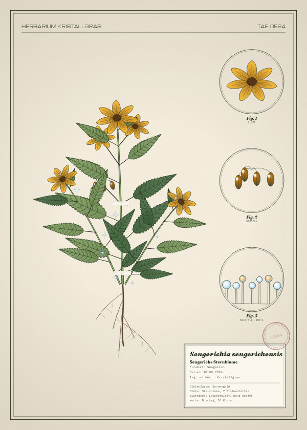 Botanische Tafel: Sengerichia sengerichensis, eine erfundene Pflanze aus Sengerich, gezeichnet wie in einem alten Pflanzenatlas