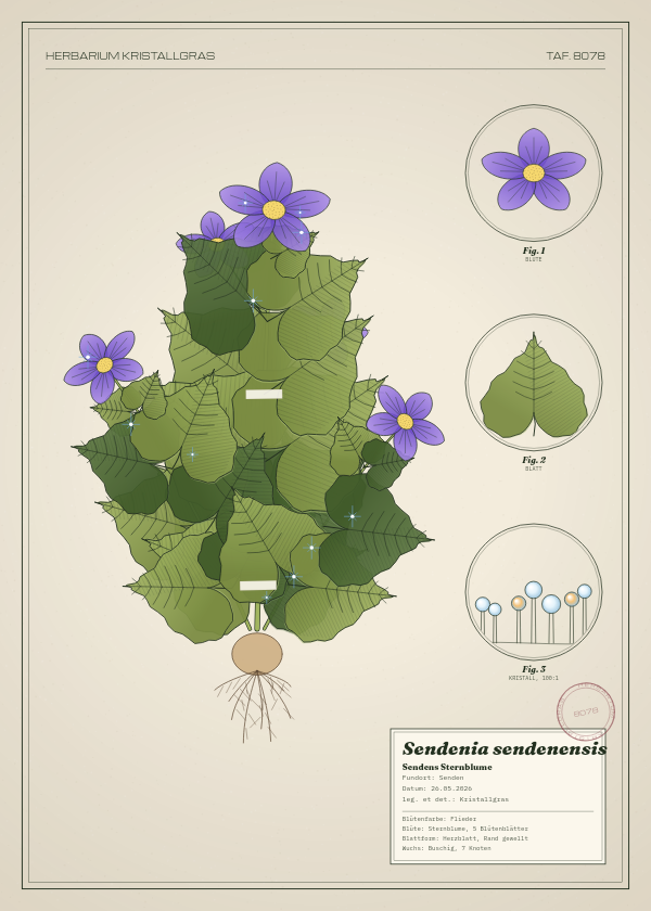 Botanische Tafel: Sendenia sendenensis, eine erfundene Pflanze aus Senden, gezeichnet wie in einem alten Pflanzenatlas