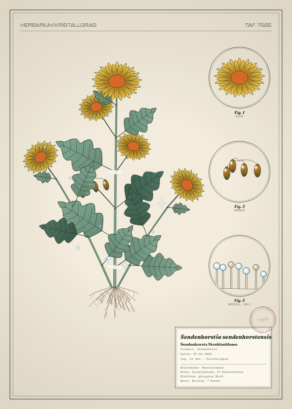 Botanische Tafel: Sendenhorstia sendenhorstensis, eine erfundene Pflanze aus Sendenhorst, gezeichnet wie in einem alten Pflanzenatlas