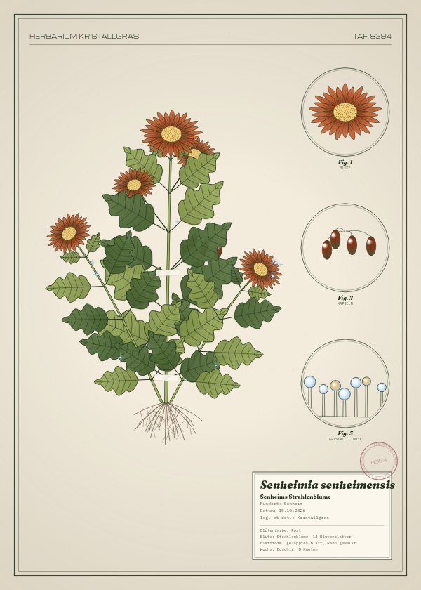 Botanische Tafel: Senheimia senheimensis, eine erfundene Pflanze aus Senheim, gezeichnet wie in einem alten Pflanzenatlas