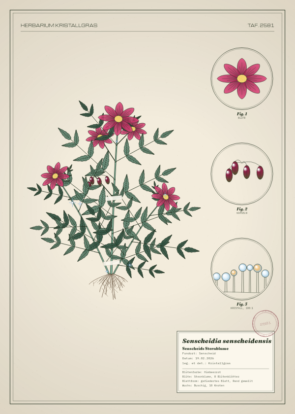 Botanische Tafel: Senscheidia senscheidensis, eine erfundene Pflanze aus Senscheid, gezeichnet wie in einem alten Pflanzenatlas