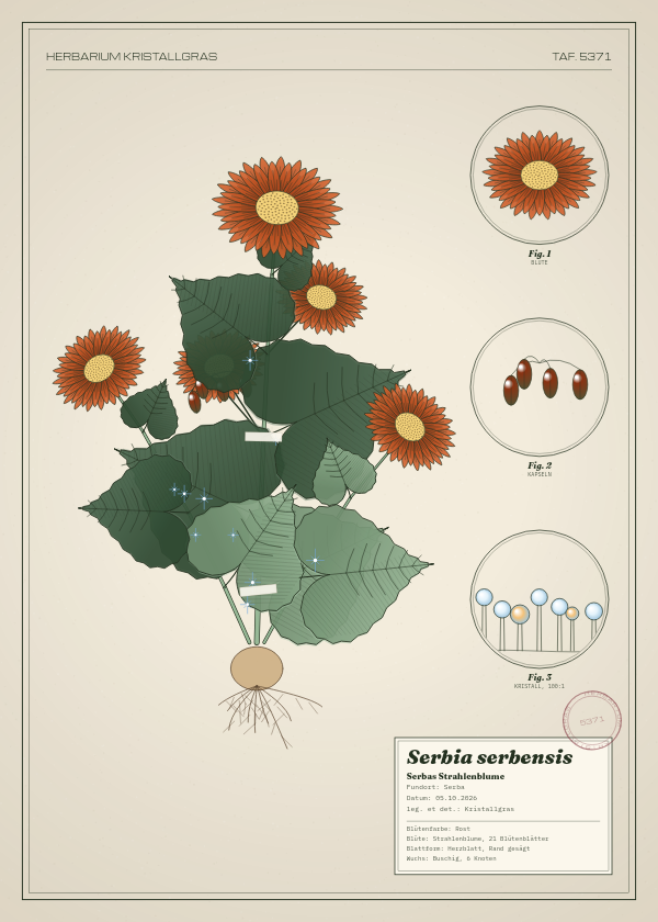 Botanische Tafel: Serbia serbensis, eine erfundene Pflanze aus Serba, gezeichnet wie in einem alten Pflanzenatlas