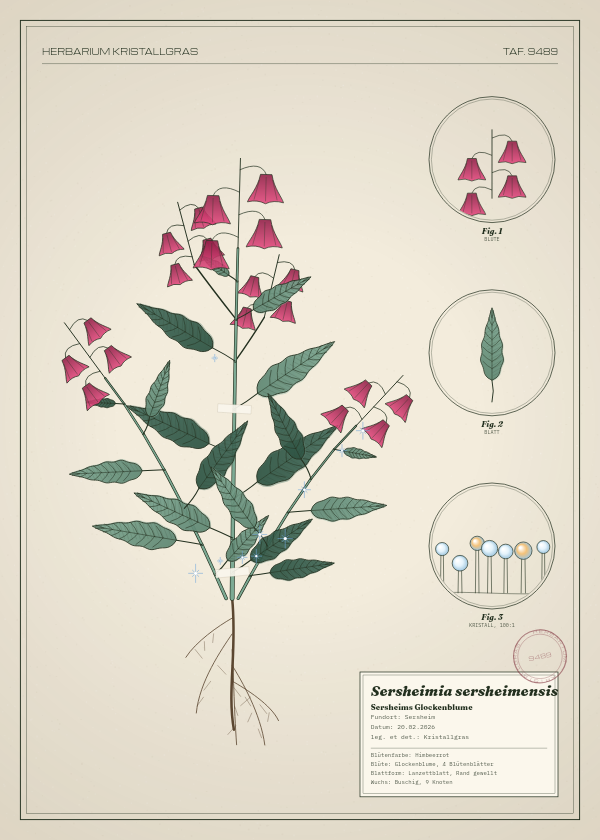 Botanische Tafel: Sersheimia sersheimensis, eine erfundene Pflanze aus Sersheim, gezeichnet wie in einem alten Pflanzenatlas