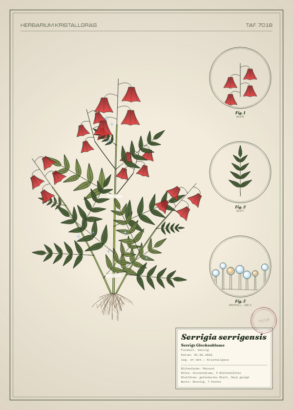 Botanische Tafel: Serrigia serrigensis, eine erfundene Pflanze aus Serrig, gezeichnet wie in einem alten Pflanzenatlas