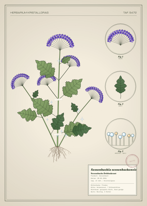 Botanische Tafel: Sessenbachia sessenbachensis, eine erfundene Pflanze aus Sessenbach, gezeichnet wie in einem alten Pflanzenatlas