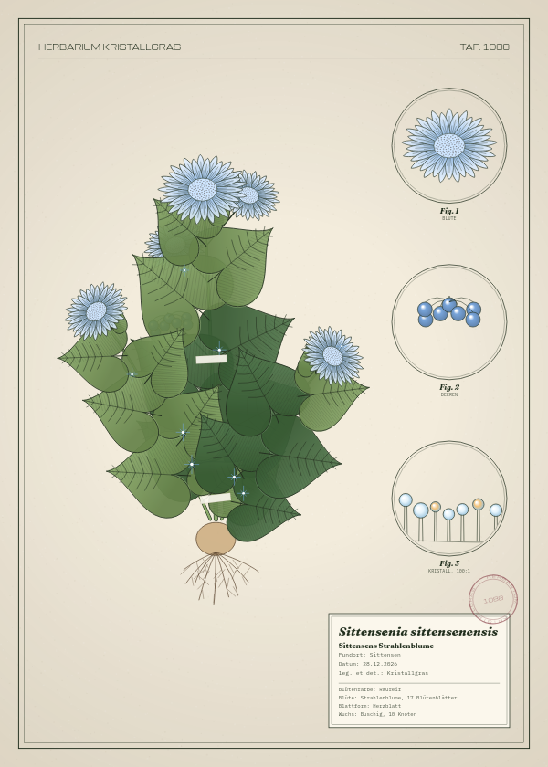 Botanische Tafel: Sittensenia sittensenensis, eine erfundene Pflanze aus Sittensen, gezeichnet wie in einem alten Pflanzenatlas