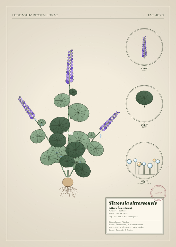 Botanische Tafel: Sittersia sittersensis, eine erfundene Pflanze aus Sitters, gezeichnet wie in einem alten Pflanzenatlas