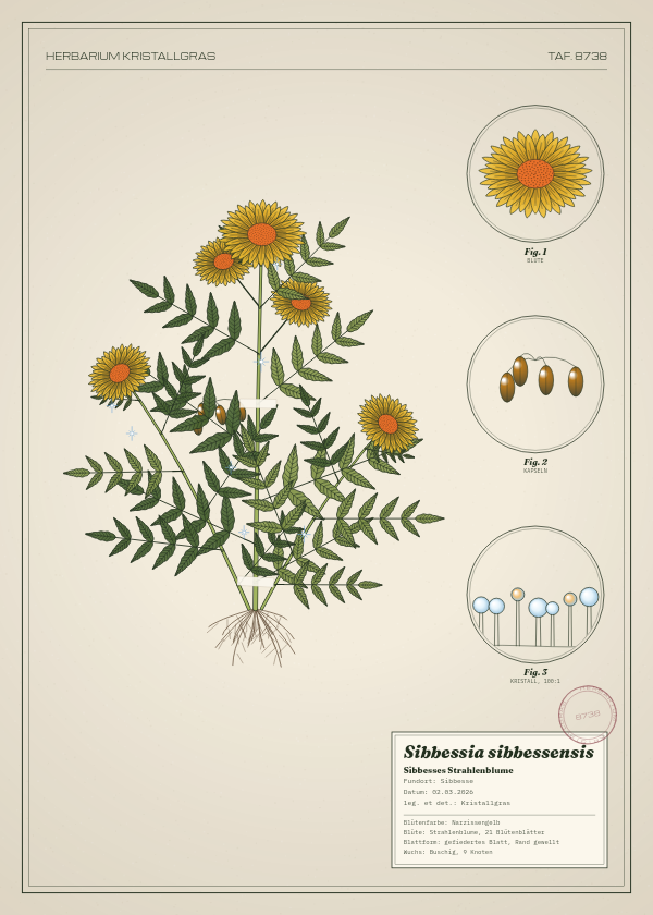 Botanische Tafel: Sibbessia sibbessensis, eine erfundene Pflanze aus Sibbesse, gezeichnet wie in einem alten Pflanzenatlas