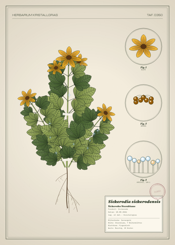 Botanische Tafel: Sickerodia sickerodensis, eine erfundene Pflanze aus Sickerode, gezeichnet wie in einem alten Pflanzenatlas