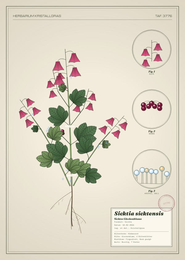 Botanische Tafel: Sicktia sicktensis, eine erfundene Pflanze aus Sickte, gezeichnet wie in einem alten Pflanzenatlas