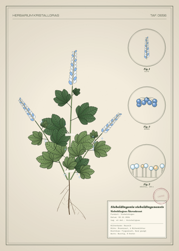 Botanische Tafel: Siebeldingenia siebeldingenensis, eine erfundene Pflanze aus Siebeldingen, gezeichnet wie in einem alten Pflanzenatlas