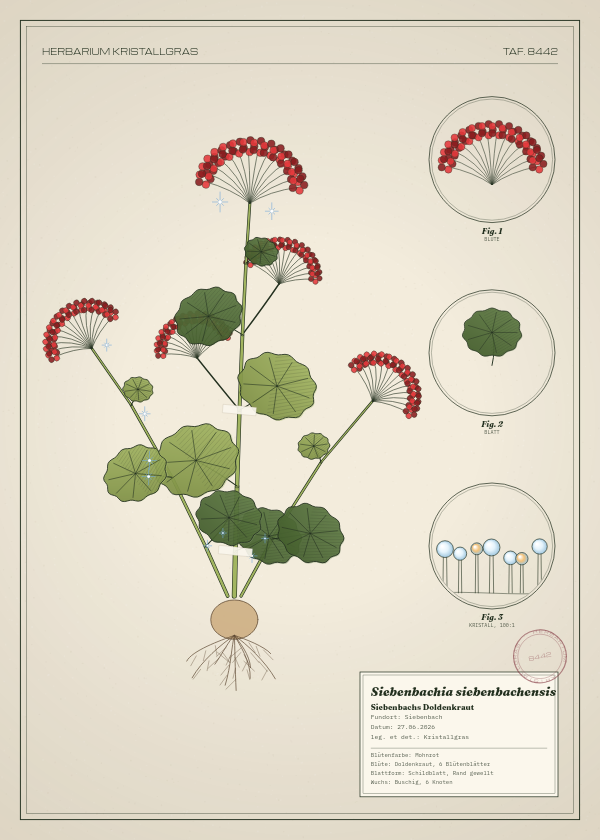 Botanische Tafel: Siebenbachia siebenbachensis, eine erfundene Pflanze aus Siebenbach, gezeichnet wie in einem alten Pflanzenatlas