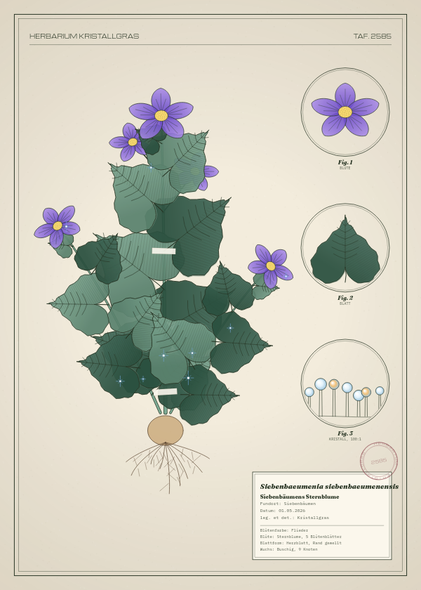 Botanische Tafel: Siebenbaeumenia siebenbaeumenensis, eine erfundene Pflanze aus Siebenbäumen, gezeichnet wie in einem alten Pflanzenatlas