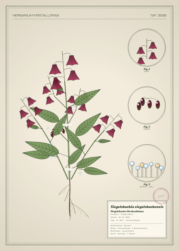 Botanische Tafel: Siegelsbachia siegelsbachensis, eine erfundene Pflanze aus Siegelsbach, gezeichnet wie in einem alten Pflanzenatlas