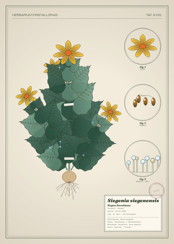 Botanische Tafel: Siegenia siegenensis, eine erfundene Pflanze aus Siegen, gezeichnet wie in einem alten Pflanzenatlas