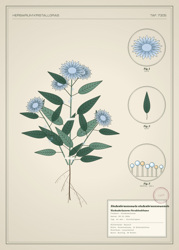 Botanische Tafel: Siedenbruenzowia siedenbruenzowensis, eine erfundene Pflanze aus Siedenbrünzow, gezeichnet wie in einem alten Pflanzenatlas