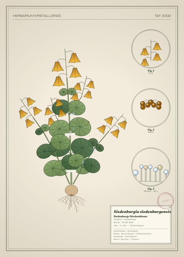 Botanische Tafel: Siedenburgia siedenburgensis, eine erfundene Pflanze aus Siedenburg, gezeichnet wie in einem alten Pflanzenatlas