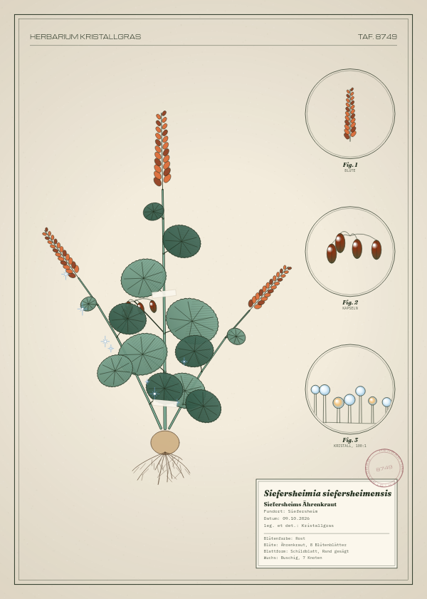 Botanische Tafel: Siefersheimia siefersheimensis, eine erfundene Pflanze aus Siefersheim, gezeichnet wie in einem alten Pflanzenatlas