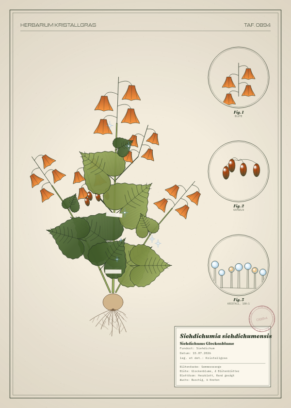 Botanische Tafel: Siehdichumia siehdichumensis, eine erfundene Pflanze aus Siehdichum, gezeichnet wie in einem alten Pflanzenatlas