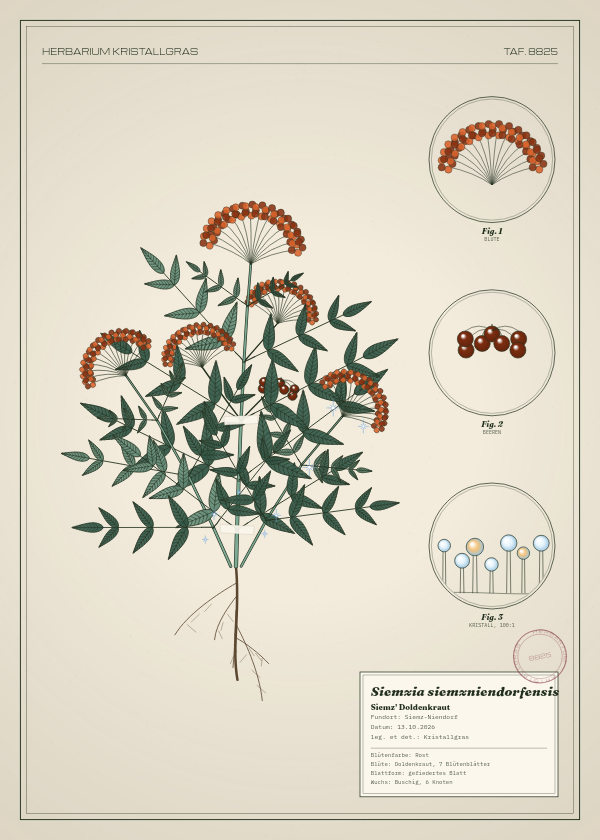 Botanische Tafel: Siemzia siemzniendorfensis, eine erfundene Pflanze aus Siemz-Niendorf, gezeichnet wie in einem alten Pflanzenatlas