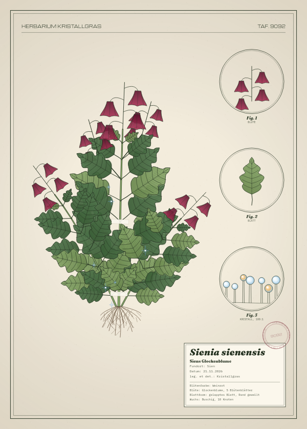 Botanische Tafel: Sienia sienensis, eine erfundene Pflanze aus Sien, gezeichnet wie in einem alten Pflanzenatlas